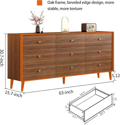 Messenya 9 Drawer Dresser for Bedroom, 63 Inch Walnut Dresser for Closet, Mid Century Wood Chest of Drawers with Natural Texture & Pre-Embedded Slots for TV Stand, Living Room, Hallway, Office