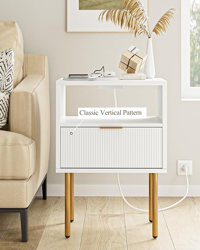 Masupu Nightstand with Charging Station,Mid-Century Modern Bedside Table with Storage Drawer and Open Wood Shelf,Small Gold Frame Side Table for Bedroom,Living Room (White)