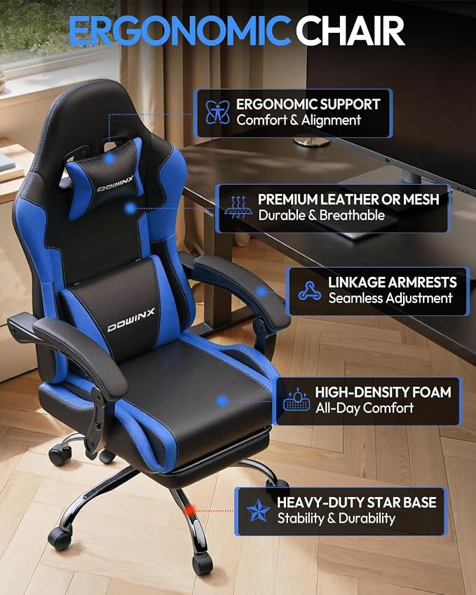 Dowinx Ergonomic Gaming Chair with Footrest & Massage Lumbar, 2D-Linkage Armrests for Computer Chair 330lbs with Headrest Pillow for Office, Home, Streaming and Long Gaming Sessions, Blue