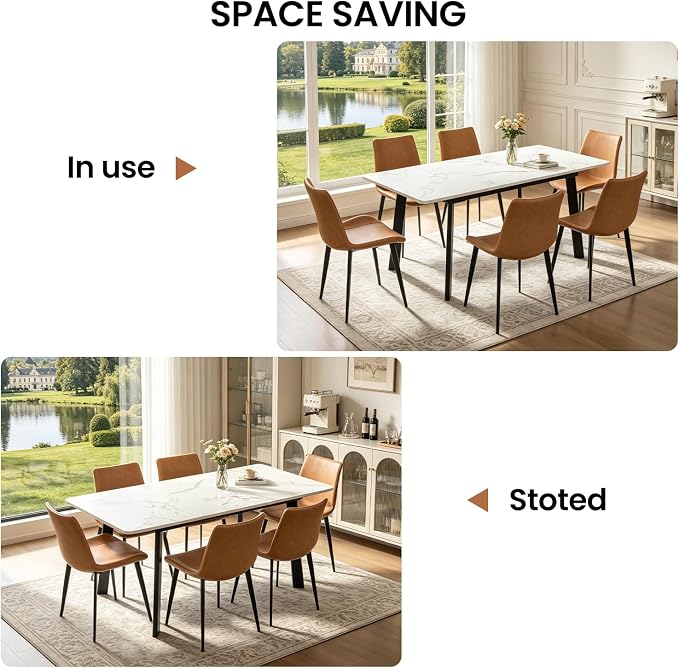 47.2"-63" Extendable Dining Room Table Set for 4-8 People, White | Removable Extension Leaf, Durable MDF Rectangle Tabletop, 6 Brown Sleek Faux Leather Chairs, Heavy Duty Modern Kitchen Table