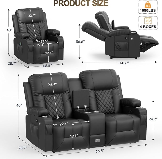 YONISEE Living Room Furniture Set, Loveseat Recliner 2 Seater and 360° Swivel Recliner Chair with Massage, Luxury Reclining Sofa 2PC Set for Living Room (2+1)