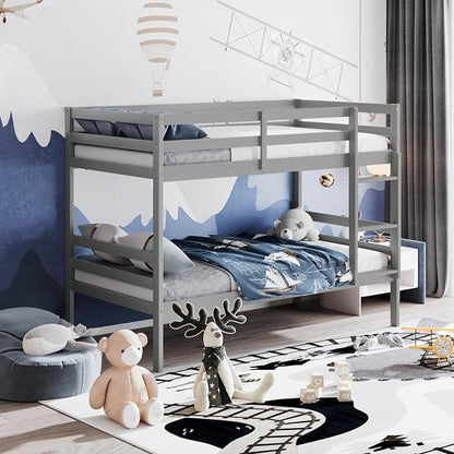 KOMFOTT Wood Bunk Bed Twin Over Twin, Bunk Bed with Ladder & Safety Guardrail, Solid Wood Bed Frame, Ideal for Dormitory & Multiple-Child Family, No Box Spring Needed, Kids Bunk Bed