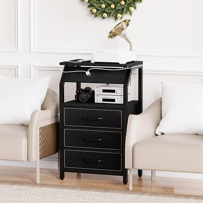 SZLHANJZ End Table with 3 Drawers, Nightstand with Charging Station and LED Lights, Small Fabric Night Stand for Bedside, Storage Side Table for Living Room Dorm, Black