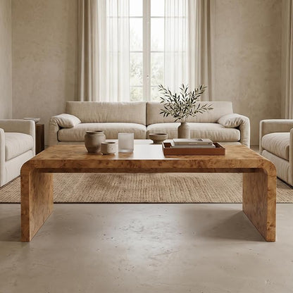 Hyfirm 47" Mid Century Modern Burl Wood Coffee Table, Rectangular Waterfall Center Table for Living Room, Minimalist Large Sofa Table with Rounded Edges & Sturdy Curved Legs, Easy Assembly