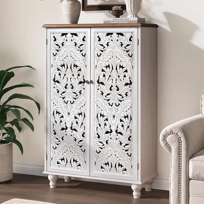 JOINICE 47" Accent Storage Cabinet with Carved Doors,White Buffet Cabinet with Solid Wood Legs & 100lbs Capacity, Farmhouse/Rustic/Boho Style for Living Room, Dining Room, Bedroom, Hallway, Study