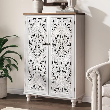 JOINICE 47" Accent Storage Cabinet with Carved Doors,White Buffet Cabinet with Solid Wood Legs & 100lbs Capacity, Farmhouse/Rustic/Boho Style for Living Room, Dining Room, Bedroom, Hallway, Study