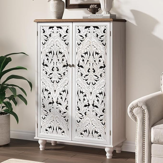 JOINICE 47" Accent Storage Cabinet with Carved Doors,White Buffet Cabinet with Solid Wood Legs & 100lbs Capacity, Farmhouse/Rustic/Boho Style for Living Room, Dining Room, Bedroom, Hallway, Study