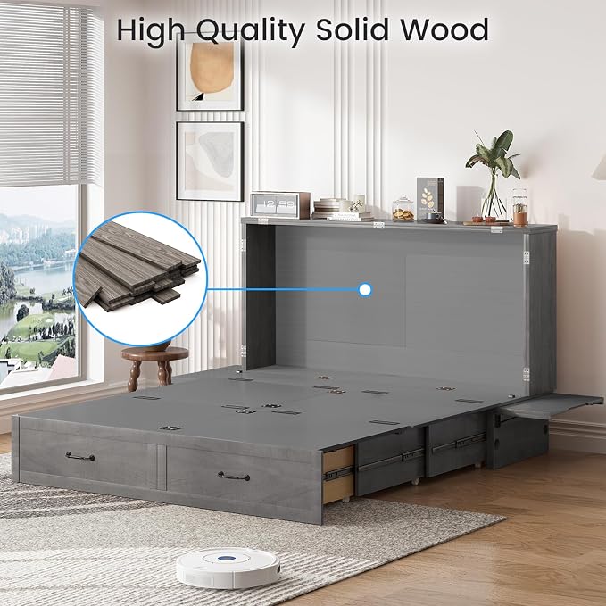 PUREMIND Queen Murphy Bed, Solid Wood Multi-Functional Cabinet Bed with Storage Drawer, USB Charging Ports and Folding Tray, Space Saving Hideaway Murphy Beds Cabinet for Guest Room, No Mattress