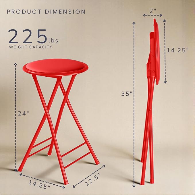Lavish Home Folding Stool - Set of 4 Counter Height Bar Stools – 24-Inch Backless Folding Chairs with 225lb Capacity for Kitchen, Rec Room, or Game Room (Red)