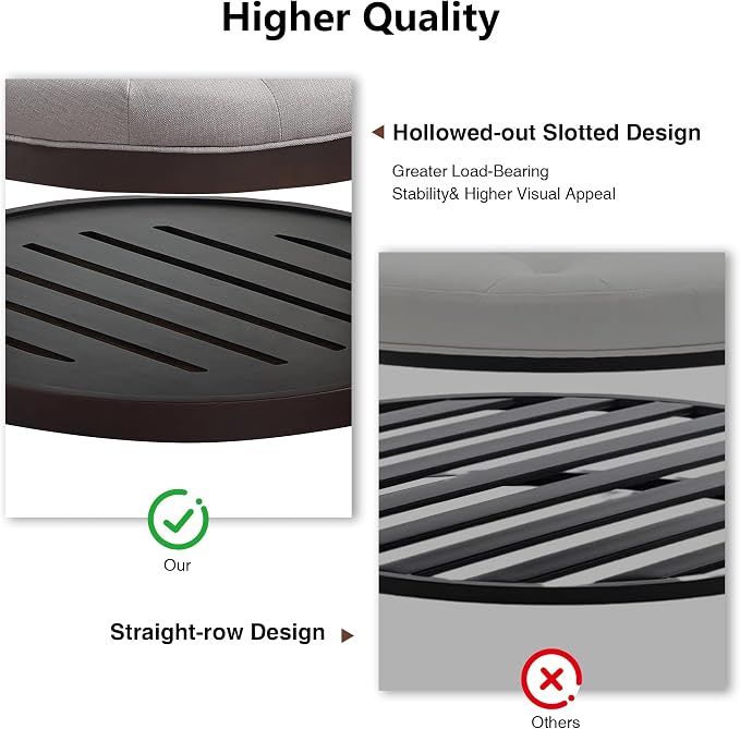 adochr Round Coffee Tables for Living Room,33’’ Storage Ottoman with Wooden Tray, Upholstered Ottoman Footrest Light Grey