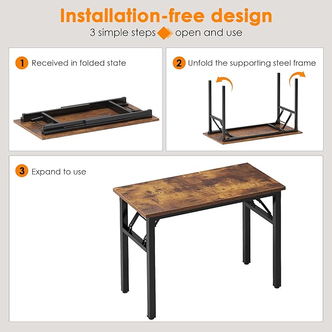 Need 39.4 Inch Folding Desk for Small Spaces, Home Office Computer Desk with Rustic Brown Tabletop & Black Metal Frame, Foldable Writing Table for Study, Bedroom, Dorm Room & Student