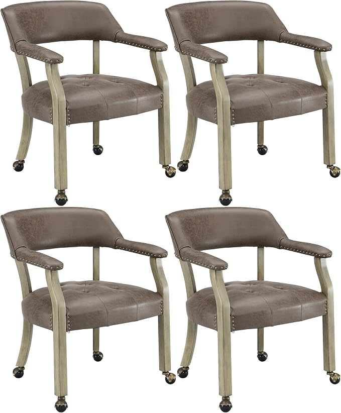 LEEMTORIG Set of 4 Dining Chairs with Casters and Arms, Rolling Dining Chairs with Wheels for Elderly, Ergonomic Wide Seat Wooden Office Desk Chairs, 26"D x 25.2"W, Grey Legs & Dark Brown SY-1318-DK