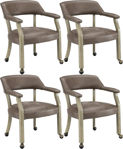 LEEMTORIG Set of 4 Dining Chairs with Casters and Arms, Rolling Dining Chairs with Wheels for Elderly, Ergonomic Wide Seat Wooden Office Desk Chairs, 26"D x 25.2"W, Grey Legs & Dark Brown SY-1318-DK