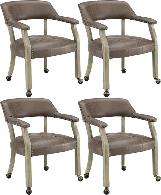LEEMTORIG Set of 4 Dining Chairs with Casters and Arms, Rolling Dining Chairs with Wheels for Elderly, Ergonomic Wide Seat Wooden Office Desk Chairs, 26"D x 25.2"W, Grey Legs & Dark Brown SY-1318-DK