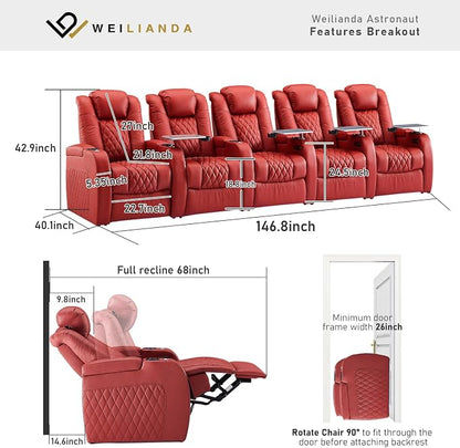 Weilianda Home Theater Seating Top Grain Leather Zero Gravity Recliner Chair Power Headrest Recline Movie Seat Gaming 7 Colors Mood Light Sofa with Tray Table USB Charge Row of 5 Red