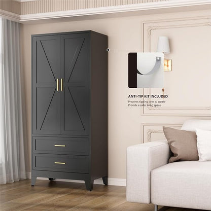 Black Metal Wardrobe Closet, Armoire Wardrobe with Two Drawers Clothes Cabinet for Bedroom, 71" Tall Farmhouse Steel Armoire Closet with Drawers and 2 Doors Clothing Storage Cabinet with Hanging Rod