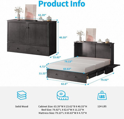 Mjkone Murphy Cabinet Bed Queen Size with Mattress Included, Multi-Functional Cube Cabinet Bed, Solid Wood Mobile Wall Beds Chest with USB Charging Station, Storage Drawers for Living Room, Dark Grey