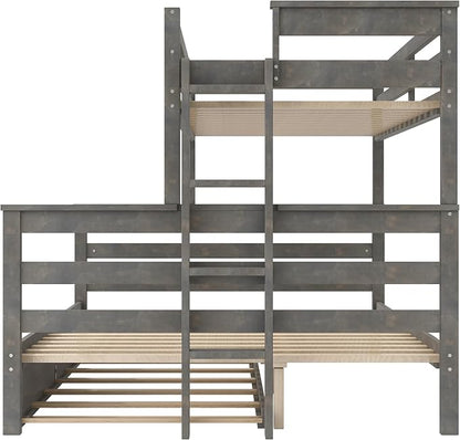 Wood Bunk Bed Twin XL Over Queen Size with Trundle, Detachable Design Bunk Bed Frame with Safety Guardrail, Ladder and Sturdy Slats Support (Grey+Trundle)