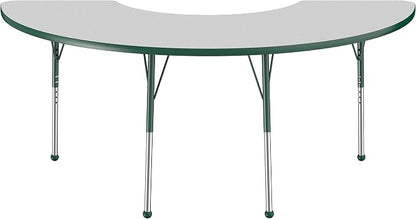 FDP Half Moon Activity School and Office Table (36 x 72 inch), Standard Legs with Ball Glides for Collaborative Seating Environments, Adjustable Height 19-30 inches - Gray Top and Green Edge