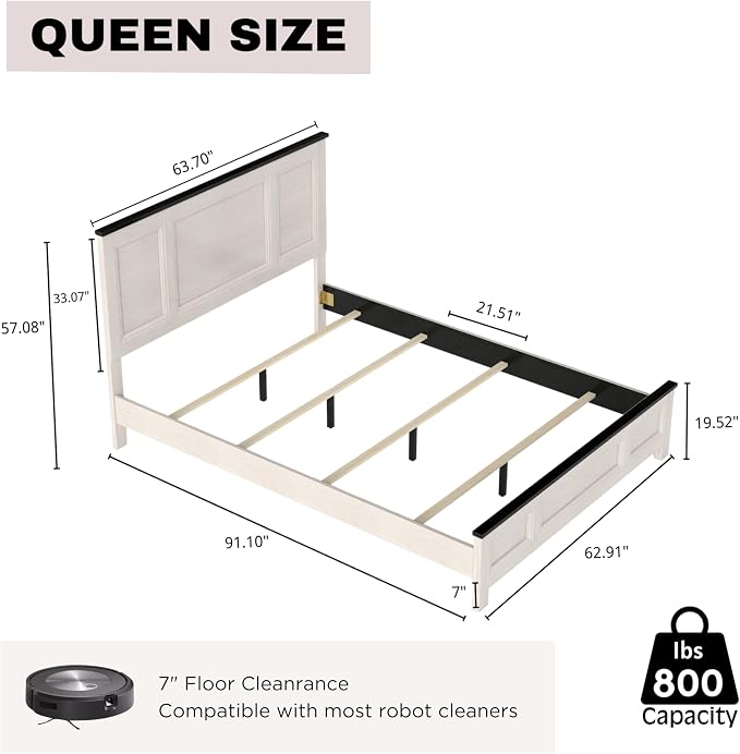 Roundhill Furniture Realynn 3-Piece Wood Bedroom Set, Queen Size Panel Bed with 2 Nightstands, Off-White Finish