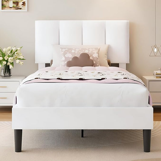 VECELO Twin Size Bed Frame with Upholstered Headboard, Heavy-Duty Bedframe with Wooden Slats & Steel Framework, Easy Assembly, Pure White