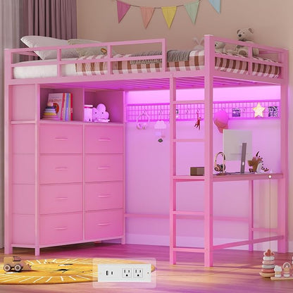 ADORNEVE Twin Size Loft Bed with Desk and 8 Storage Drawers, Metal Kids Loft Bed Twin with LED Lights & Charging Sation, Storage Shelves, 13.1" H Safety Guard & Ladder, No Box Spring Needed, Pink