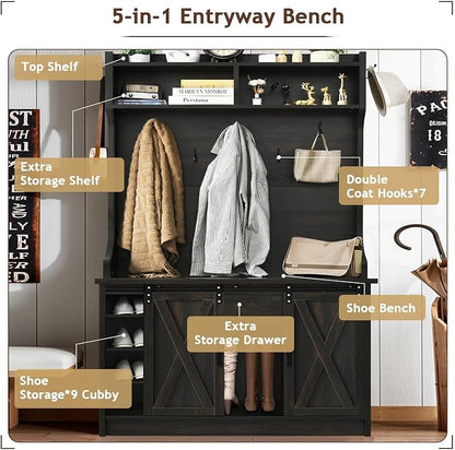 4ever2buy Farmhouse Hall Tree with Bench 5-in-1 Entryway Bench with Coat Rack with Sliding Barn Doors Entryway Coat Rack with Shoe Storage (Oak)