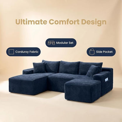 95-Inch U-Shaped Left Facing Corner Compressed Sofa Modular Sectional Boneless Cloud Sofa Floor Foam Couch W/Chaise Lounge & Ottoman, Corduroy Corner Boneless Cloud Couch
