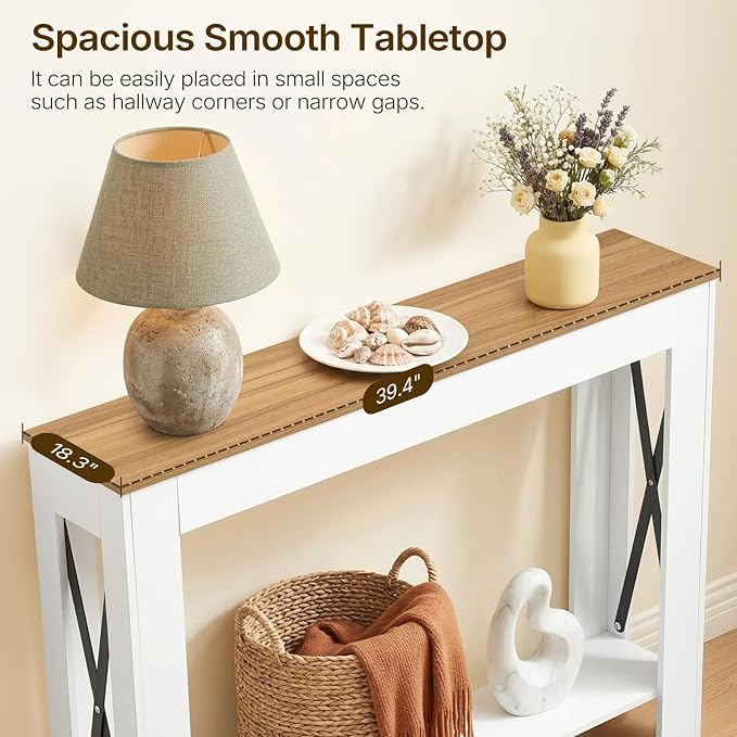 YATINEY Farmhouse Console Table, 39.4'' Small Narrow Entryway Table, Wood Couch Table Behind Sofa with Storage Shelf, Slim Farmhouse Hallway Table for Hallway, Foyer, White & Light Walnut CT34WV