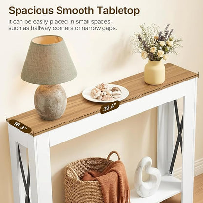 YATINEY Farmhouse Console Table, 39.4'' Small Narrow Entryway Table, Wood Couch Table Behind Sofa with Storage Shelf, Slim Farmhouse Hallway Table for Hallway, Foyer, White & Light Walnut CT34WV
