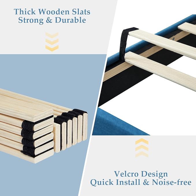 VECELO Full Size Bed Frame, Adjustable Upholstered Button Tufted Headboard, Heavy-Duty Bedframe with Wood Slats Support, No Box Spring Needed, Aegean Blue