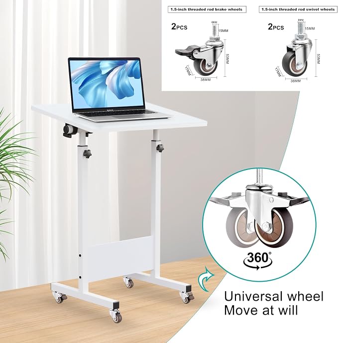 KOUPA Adjustable Height Standing Desk, 24 in Writable Tempered Glass Desktop with Eraser, 360° Flip, Wheels – Ideal for Small Spaces and Home Offices, White(Adjustable Height: 32-47 in)