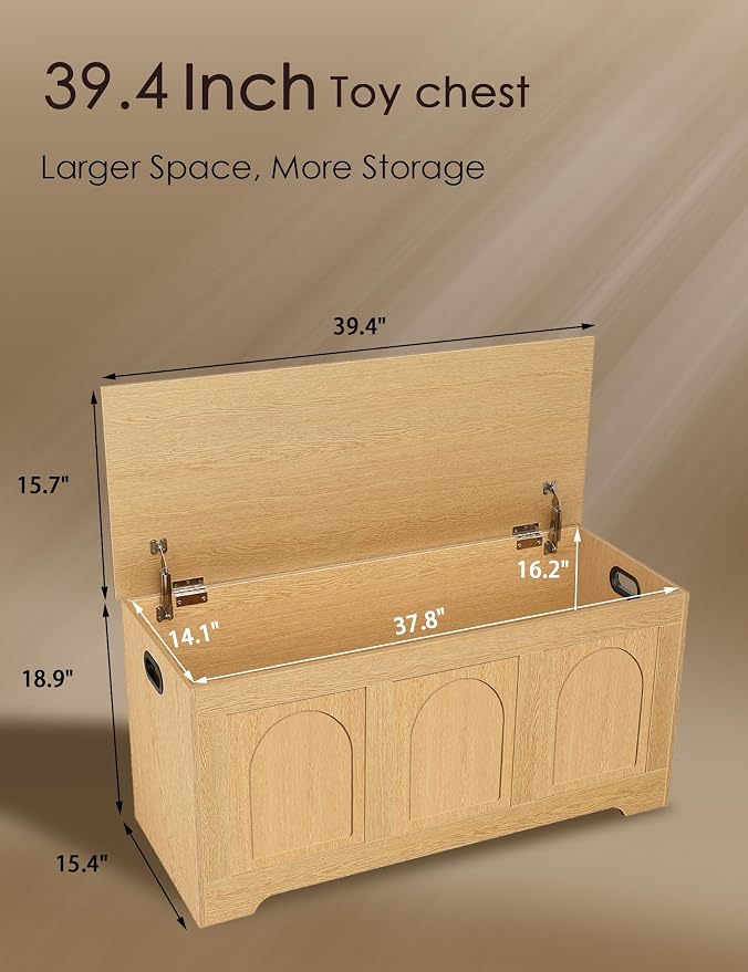 DINZI LVJ Storage Chest, 39.4”Wooden Storage Box with 2 Safety Hinges, Entryway Shoe Bench with Flip-Top, Trunk for Living Room, Bedroom, Easy Assembly, Natural