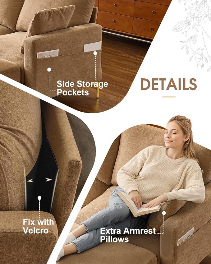 Karl home 99.6" 3-Seat U-Shaped Sectional Sofa, Khaki | Chenille Upholstered, 2 Movable Ottomans, Cloud-Like Seat, 2 Throw Pillows, Comfy Deep Seat, Living Room, Apartment, Office