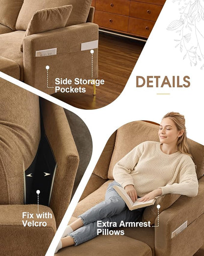 Karl home 99.6" 3-Seat U-Shaped Sectional Sofa, Khaki | Chenille Upholstered, 2 Movable Ottomans, Cloud-Like Seat, 2 Throw Pillows, Comfy Deep Seat, Living Room, Apartment, Office