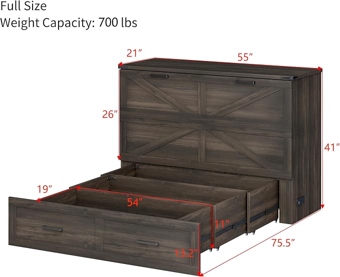 Bellemave Full Size Murphy Bed with Charging Station and Storage, Farmhouse Murphy bedframe with Foldable Panel, Noisy Free, for Guest Bedroom, Living Room, Office, Rustic Gray