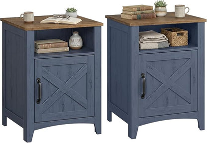 VASAGLE LIRY Collection - Farmhouse Nightstand, Barn Door, Set of 2, Bedside Table with Storage, Side End Table, Night Stand, Open Compartment, for Bedroom, Rustic Blue and Honey Brown ULET609Q101S-2J