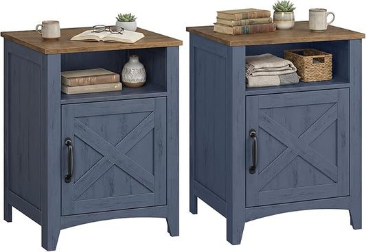 VASAGLE LIRY Collection - Farmhouse Nightstand, Barn Door, Set of 2, Bedside Table with Storage, Side End Table, Night Stand, Open Compartment, for Bedroom, Rustic Blue and Honey Brown ULET609Q101S-2J
