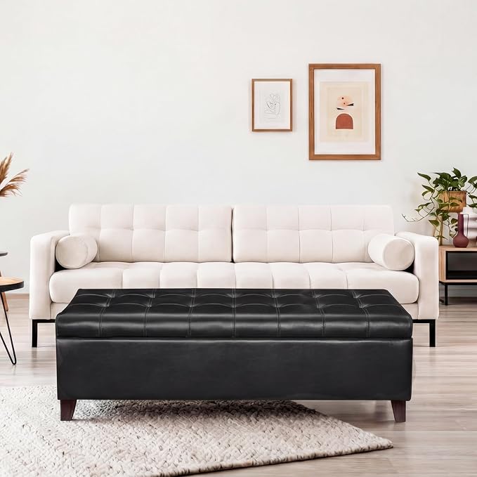 Joveco Storage Ottoman Bench, 51 Inch Leather Tufted Upholstered Bench for End Foot of Bed, Bedroom, Living Room, Black