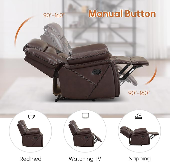 EBELLO Manual Recliner Sofa Set, Faux Leather Reclining Living Room Furniture Set, Included Single Recliner Chair and Manual Loveseat Sofa, Dark Brown