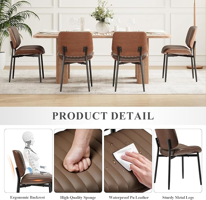MALOL Leather Dining Chairs Set of 4, Modern Upholstered Dining Room Kitchen Chairs with Metal Legs and Wooden Back Support for Home Dining Room/Restaurant, Brown