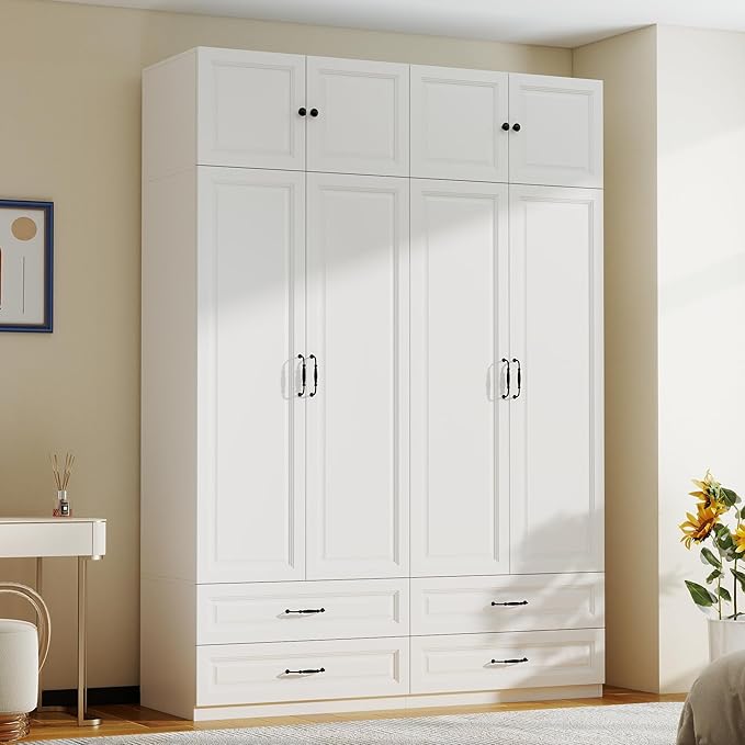 White Armoire Wardrobe Closet: 88" Extra Tall Wardrobe Closet with 4 Drawers, Bedroom Armoires with 4 Doors, Wood Large Armoire with Top Cabinet (White, 63")