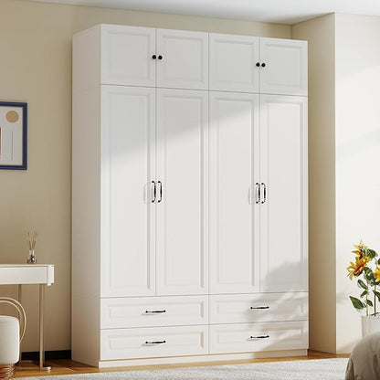White Armoire Wardrobe Closet: 88" Extra Tall Wardrobe Closet with 4 Drawers, Bedroom Armoires with 4 Doors, Wood Large Armoire with Top Cabinet (White, 63")