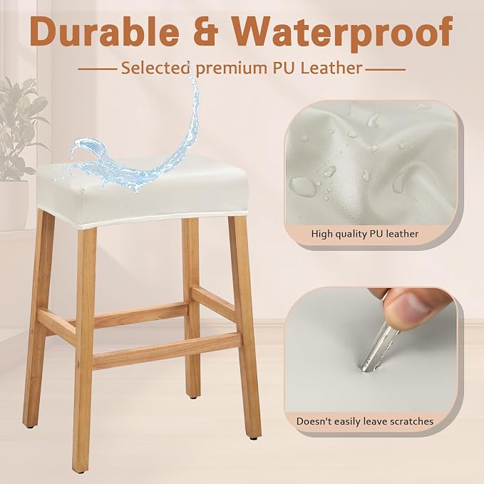 PU Leather Bar Stool Covers Rectangular, 100% Waterproof Stool Covers Rectangle Super Stretch 20% Thicker Leather Saddle Stools Cover Rectangular Counter Bar Stools with Elastic Band (6 PCS, Cream)