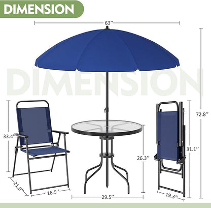 Shintenchi 6 Piece Outdoor Patio Furniture Set, Small Outdoor Patio Dining Table and Chairs Set, Outdoor Seating with Umbrella for Backyard, Balcony, Front Porch, Dark Blue