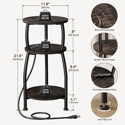Round Side Table with Power Outlet & USB Ports, 3-Tier End Table with Storage Shelf, Modern Rustic Nightstand, Small Spaces Accent Table for Living Room Bedroom, Easy Assembly, Oak Dark