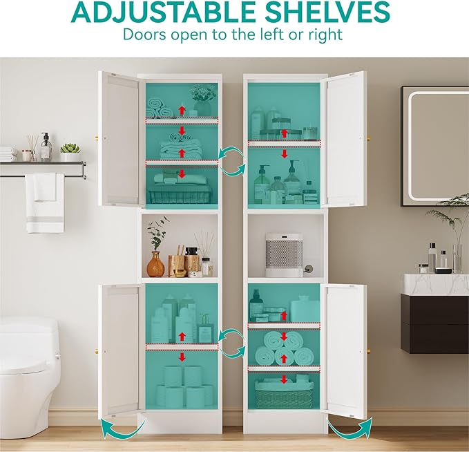 67" Tall Narrow Storage Cabinet with Doors and Open Shelf,Metal Pantry Cabinet,Shaker Style Slim Cabinet with Adjustable Shelves,for Bathroom Kitchen Laundry Small Spaces,White,1Pc