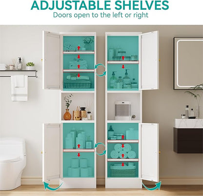 67" Tall Narrow Storage Cabinet with Doors and Open Shelf,Metal Pantry Cabinet,Shaker Style Slim Cabinet with Adjustable Shelves,for Bathroom Kitchen Laundry Small Spaces,White,1Pc