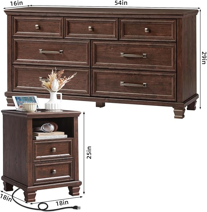 SAVOR LIFE Farmhouse Bedroom Dresser and Nightstand Set, 7 Drawer Dresser & 2 Drawer Nightstand Set, Rustic Wood Bedroom Furniture Set for Home, Hallway, Walnut