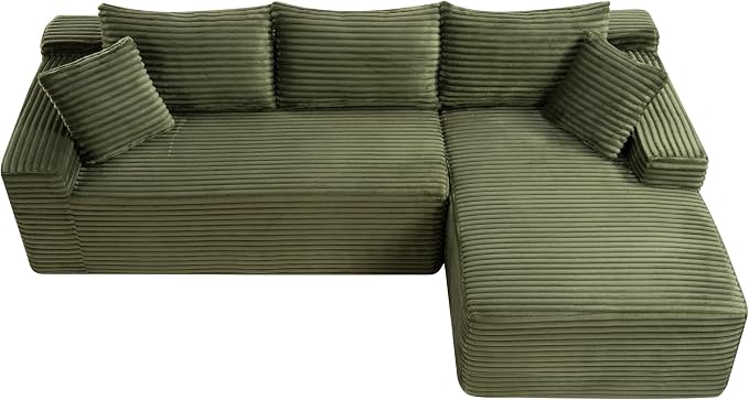 95" L-Shaped Right Facing Cloud Sectional Couch for Living Room, Modular Compressed Boneless Sectional Sofa Corduroy Boneless Corner Foam Sofa W/Chaise Lounge and Pillows
